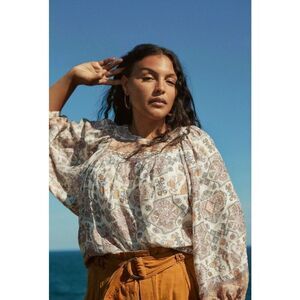 Anthropologie Blouse Top Floral Silk Boho Lined  Cream Brown Size S
